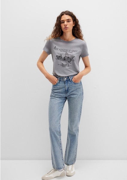 Kelebek Baskılı Gri Tişört 1613453-91066