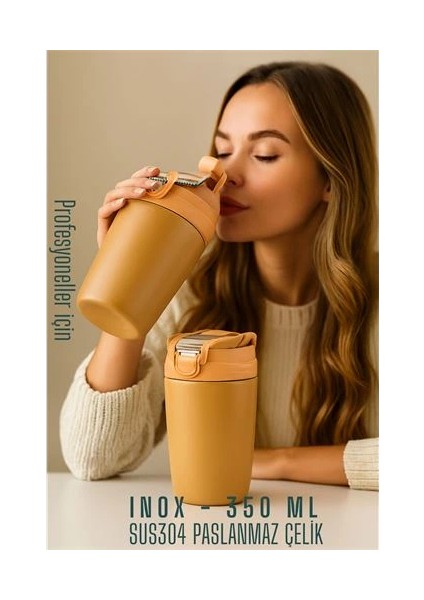 Inox Çelik Kahve Bardağı - 350 ml SUS304 Çelik Termos Profesyonel Latte