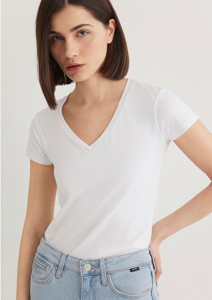 V Yaka Beyaz Basic Stretch Tişört 162769-620