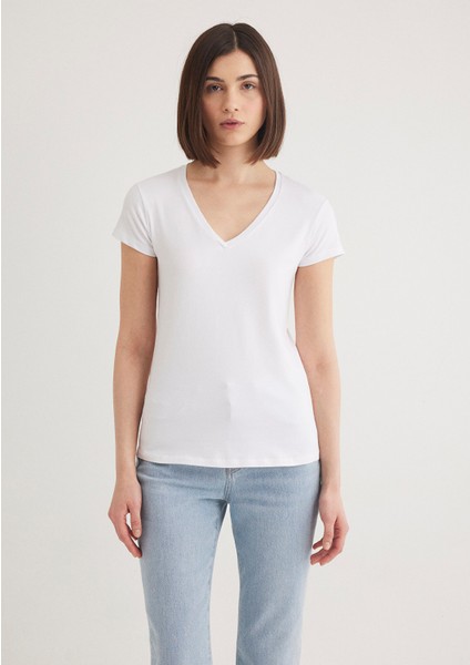 V Yaka Beyaz Basic Stretch Tişört 162769-620