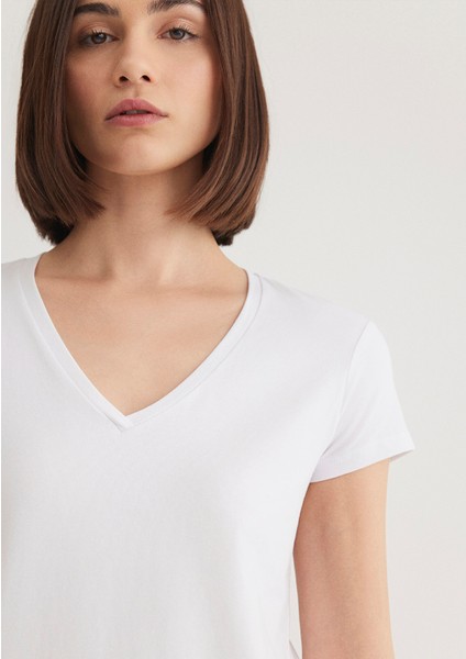 V Yaka Beyaz Basic Stretch Tişört 162769-620