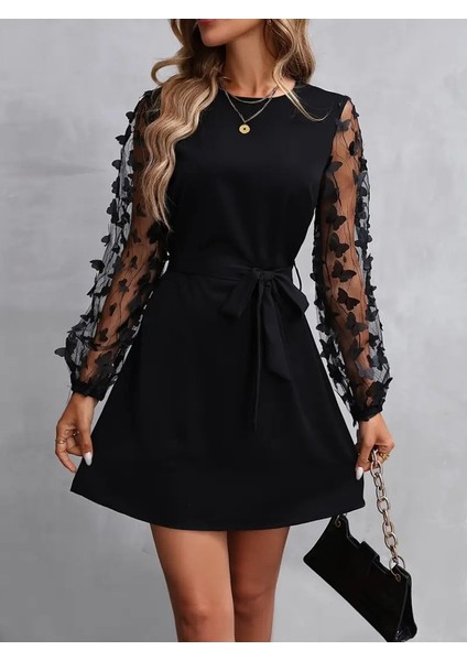 Eyesof Kadın Uzun Kollu Bisiklet Yaka Kollar Tül Kelebek Detaylı Ithal Krep Elbise