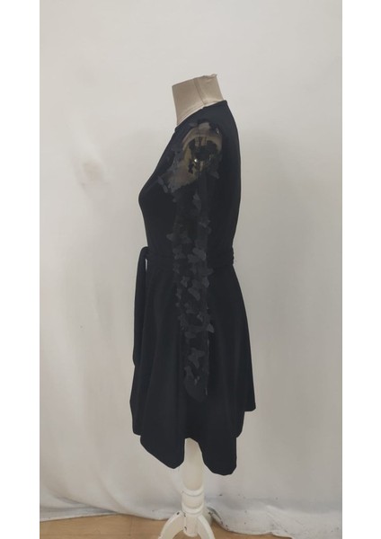 Eyesof Kadın Uzun Kollu Bisiklet Yaka Kollar Tül Kelebek Detaylı Ithal Krep Elbise