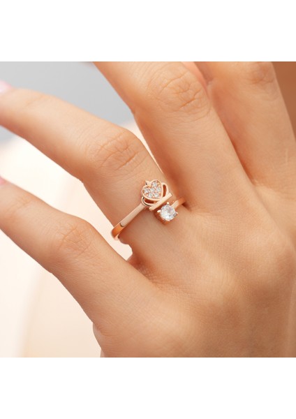 925 Ayar Rose Gold Kaplama Zirkon Tek Taşlı Kraliçe Tacı Gümüş Yüzük