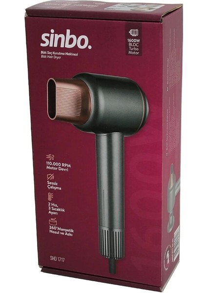 Bldc Turbo Motor Tokmak Model Saç Kurutma Makinesi 1600W 2-Kdm.hız 3-Kdm.sıcaklık Yapışkanlı Askı SHD-1717