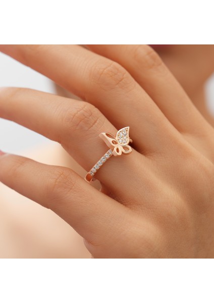 925 Ayar Rose Gold Kaplama Zirkon Taşlı Kelebek Gümüş Yüzük