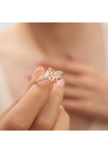 925 Ayar Rose Gold Kaplama Zirkon Taşlı Kelebek Gümüş Yüzük fiyatları