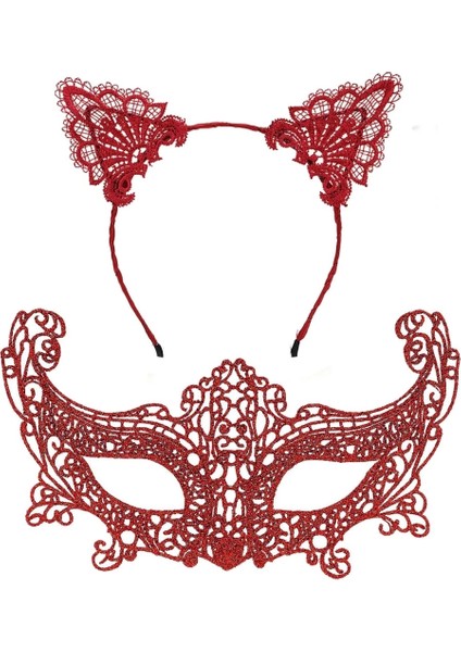 Romantik Kırmızı Dantel Maske Seti – Kedi Kulaklı Taç ve Maske 3 No