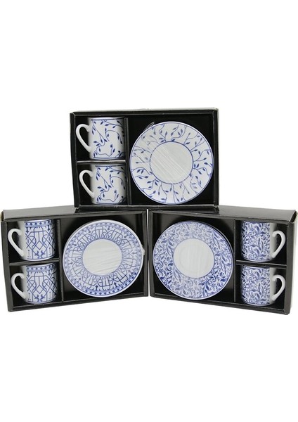 Mavi - Beyaz 4pcs=2-Takım Porselen Kahve Fincanı Çiçek - Çizgi - Nokta Mix Desen