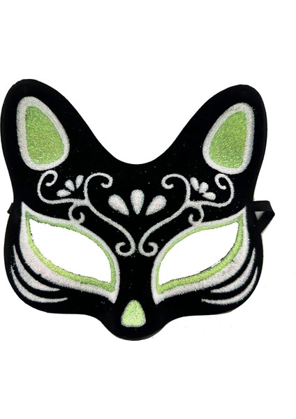 Siyah Renk Süet Kaplama Üzeri Gümüş Yeşil Simli Kedi Maskesi 17X14 cm - Lisinya