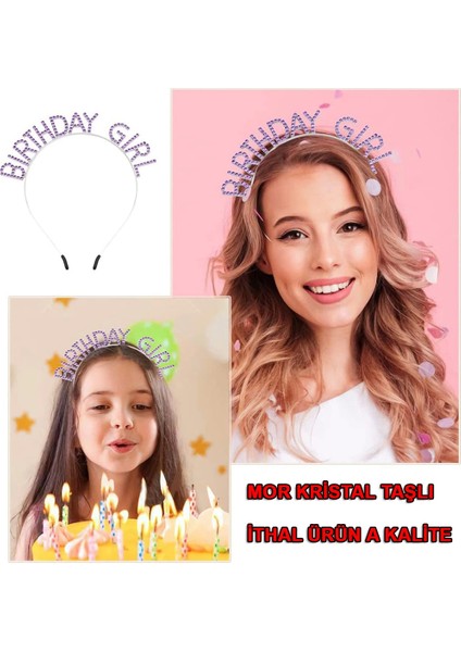 Mor Renk Kristal Taşlı Parlak Birthday Girl Yazılı Taç 16X17 cm - Lisinya fiyatları