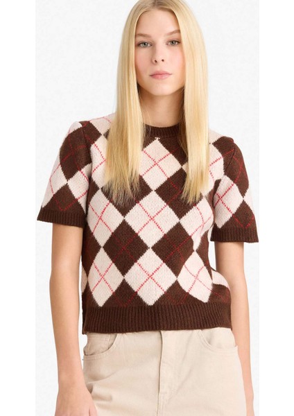 Slim Fit Dar Kesim Bisiklet Yaka Baklava Desenli Triko Kazak G2469AX25WN