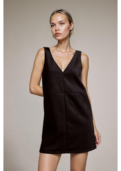 V Yaka Kalın Askılı Süet Mini Elbise G2867AX25AU