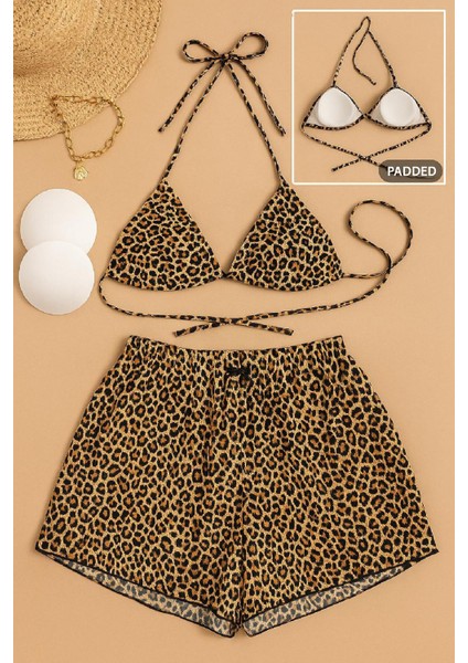 Kadın 3'lü Set Leopar Desenli Şortlu ve Yandan Bağlamalı Bikini Mayo Takımı modelleri