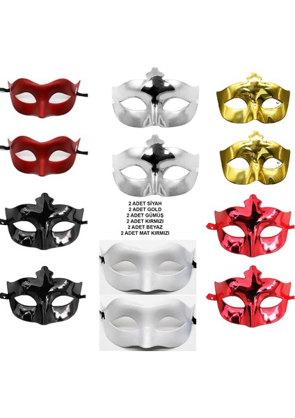 12’li Renkli Parti Maskesi Seti – Siyah, Gold, Gümüş, Kırmızı, Beyaz, Mat Kırmızı - Lisinya