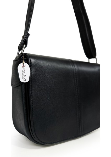 Hakiki Deri Siyah Premium Şallı Kapaklı Çapraz ve Omuz Çantası