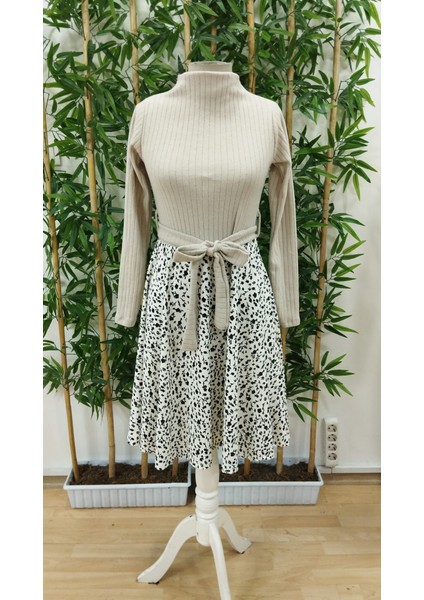 Kadın Uzun Kollu Balıkçı Yaka Belden Bağlamalı Üst Kaşkorse Eteği Dalgıç Kısa Elbise fırsatları