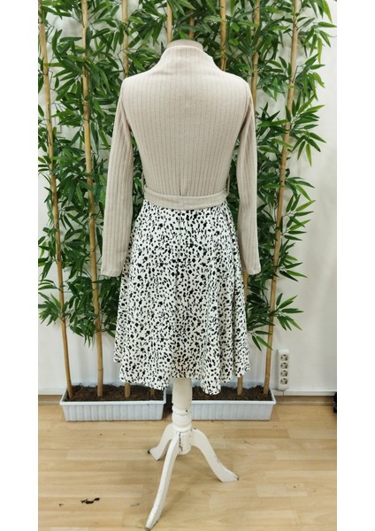 Kadın Uzun Kollu Balıkçı Yaka Belden Bağlamalı Üst Kaşkorse Eteği Dalgıç Kısa Elbise