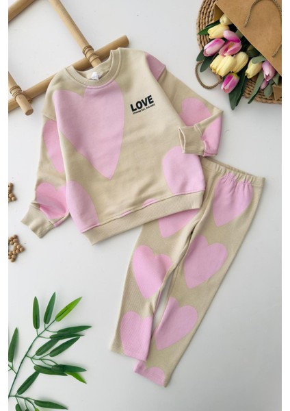 Kalp Baskılı Taytlı Kız Çocuk takım - Bej