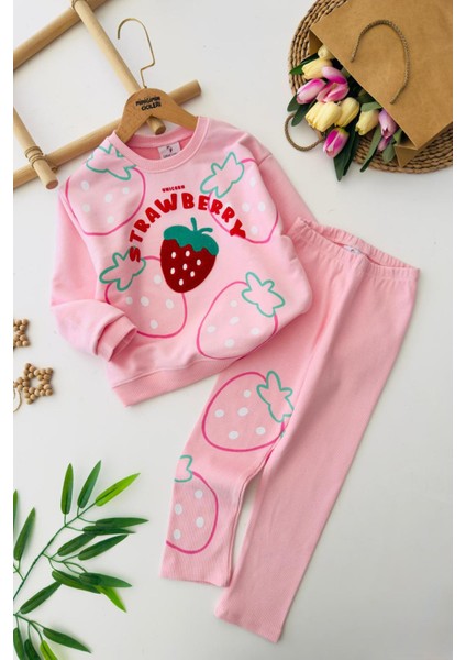 Çilek Panç Işleme Detaylı Kız Çocuk taytlı takım - Açık Pembe