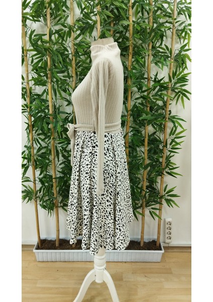 Kadın Uzun Kollu Balıkçı Yaka Belden Bağlamalı Üst Kaşkorse Eteği Dalgıç Kısa Elbise indirimleri