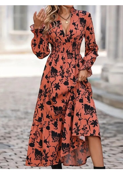 Eyesof Kadın Uzun Kollu Kruvaze Yakalı Çiçek Desenli Maksi Süprem Elbise