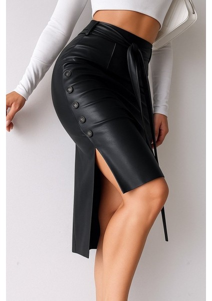 Eyesof Kadın Yüksek Bel Kuşaklı Yanlardan Düğmeli Mini Deri Etek