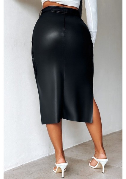 Eyesof Kadın Yüksek Bel Kuşaklı Yanlardan Düğmeli Mini Deri Etek modelleri