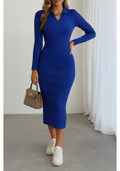 Kadın Uzun Kollu Yakalı Triko Elbise modelleri
