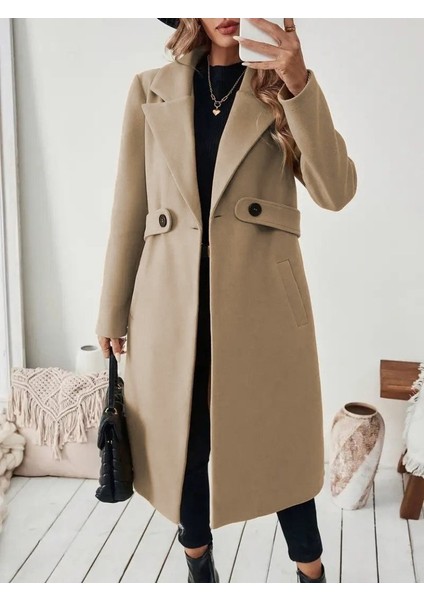 Kadın Uzun Kollu Yakalı Belde Şerit Düğme Detaylı Cepli Mini Kaşe Kaban indirimleri