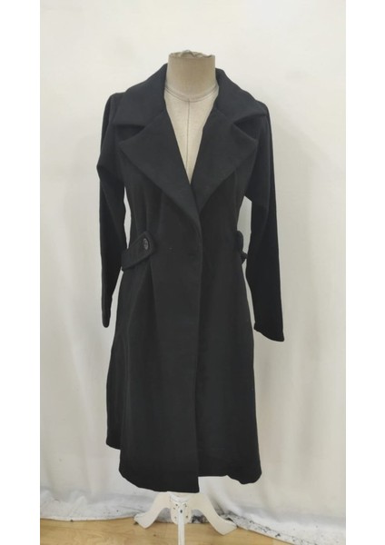 Kadın Uzun Kollu Yakalı Belde Şerit Düğme Detaylı Cepli Mini Kaşe Kaban