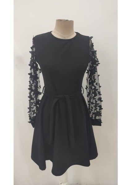 Kadın Uzun Kollu Bisiklet Yaka Kollar Tül Kelebek Detaylı Ithal Krep Elbise