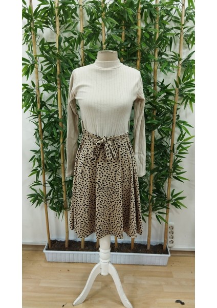 Kadın Uzun Kollu Balıkçı Yaka Belden Bağlamalı Üst Kaşkorse Eteği Dalgıç Elbise fırsatları