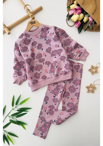 Çiçek Baskılı Renkli Kız Çocuk takım - Mor