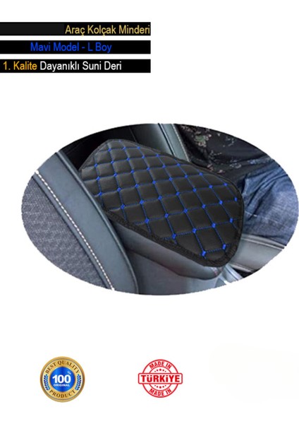 Audi A3 Sedan 2013 ve Sonrası Deri Oto Kolçak Kılıfı Örtüsü Capitone Süngerli Mavi Nakışlı