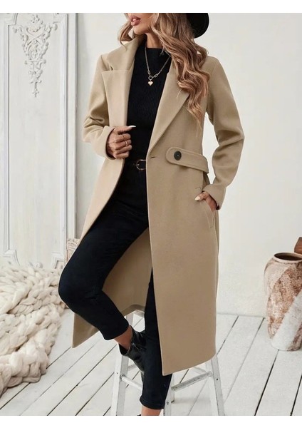 Kadın Uzun Kollu Yakalı Belde Şerit Düğme Detaylı Cepli Mini Kaşe Kaban fiyatları