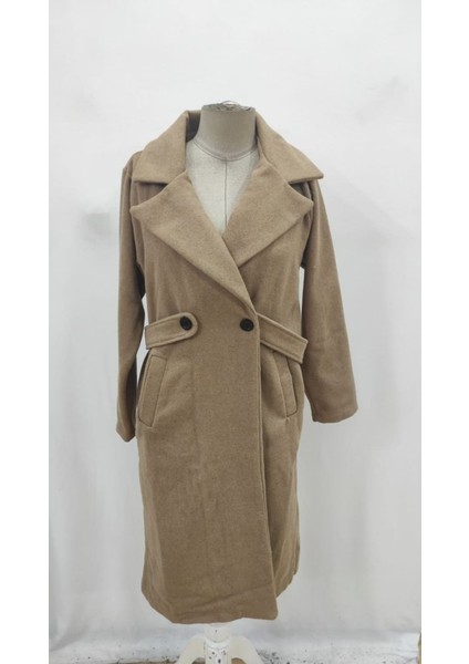 Kadın Uzun Kollu Yakalı Belde Şerit Düğme Detaylı Cepli Mini Kaşe Kaban