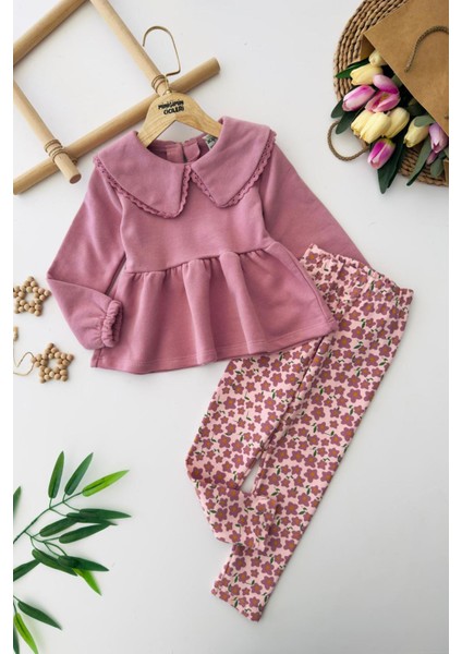 Çiçek Baskılı Yaka Fisto Detaylı Renkli Kız Çocuk takım - Pembe