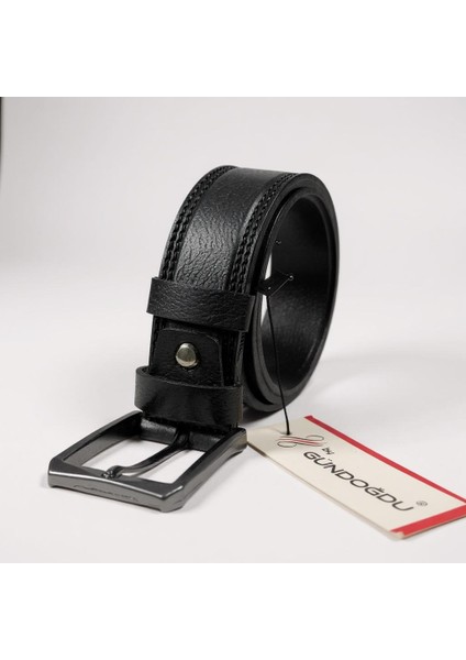 3.5cm Tek Kat Manda Siyah Çift Dikiş Desenli Kemer