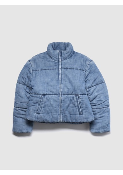 Kız Çocuk Açık Mavi Relaxed Denim Puffer Şişme Ceket modelleri