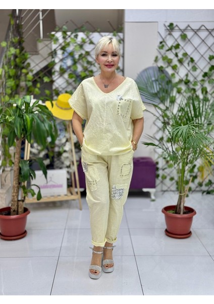 NC21763 Italyan Taşlı Keten Takım Sarı