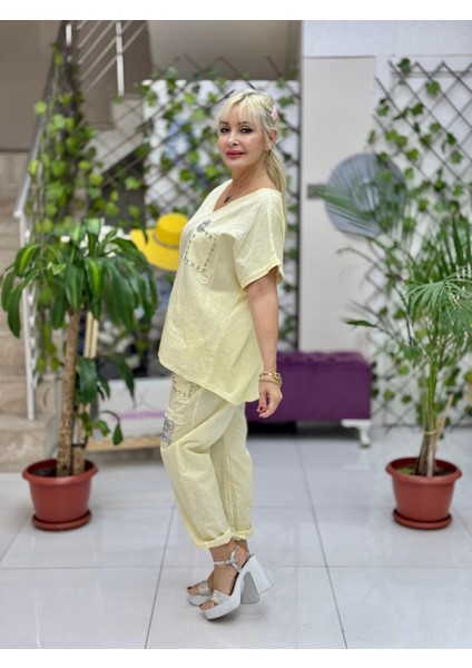 NC21763 Italyan Taşlı Keten Takım Sarı fiyatları