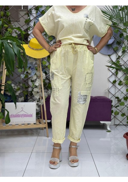 NC21763 Italyan Taşlı Keten Takım Sarı indirimleri