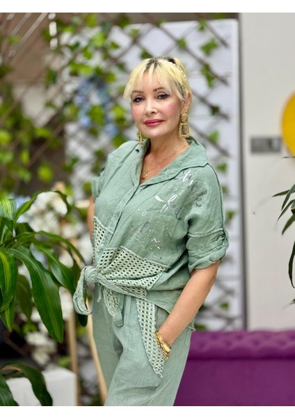 NC55557 Italyan Ön Arka File Erkek Yaka Keten Takım Haki fiyatları