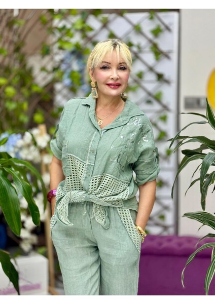 NC55557 Italyan Ön Arka File Erkek Yaka Keten Takım Haki indirimleri