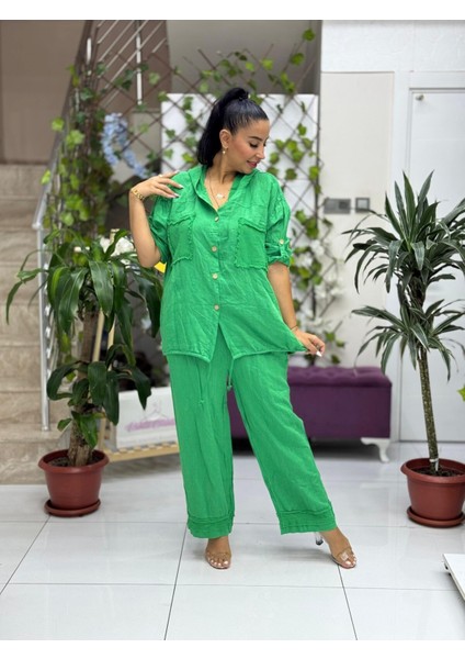 PT2256 Italyan Önü Cepli Kapüşonlu Keten Takım Zümrüt