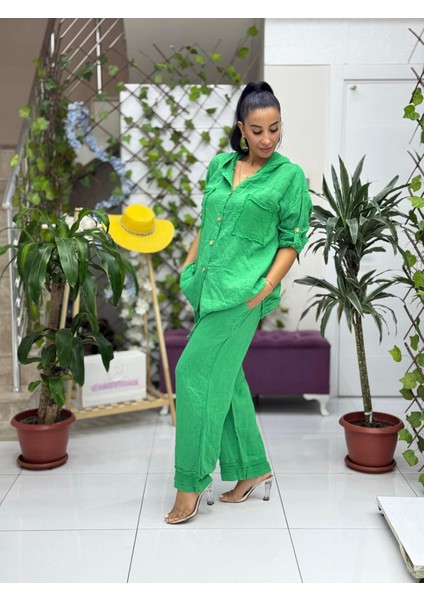 PT2256 Italyan Önü Cepli Kapüşonlu Keten Takım Zümrüt fırsatları