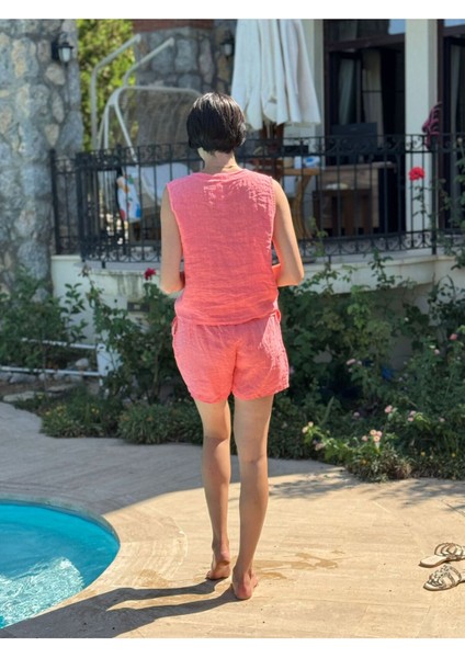 NC1350 Italyan Şortlu Yelekli Keten Takım Mercan modelleri