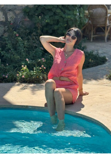 NC1350 Italyan Şortlu Yelekli Keten Takım Mercan indirimleri