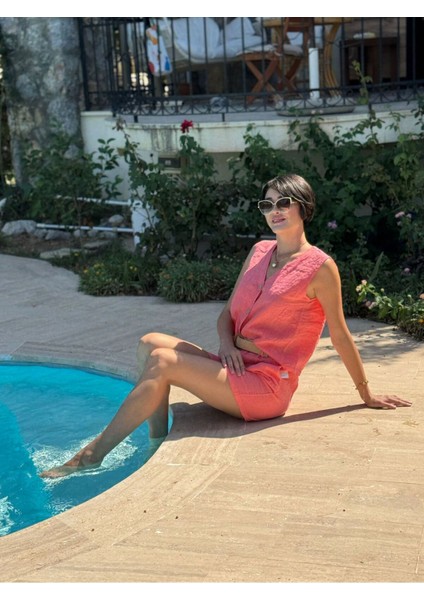 NC1350 Italyan Şortlu Yelekli Keten Takım Mercan